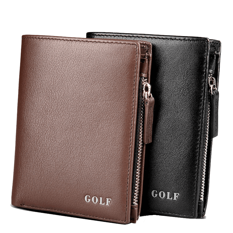 Two leather wallets, one brown and one black, with zipper accents and 'GOLF' logo.